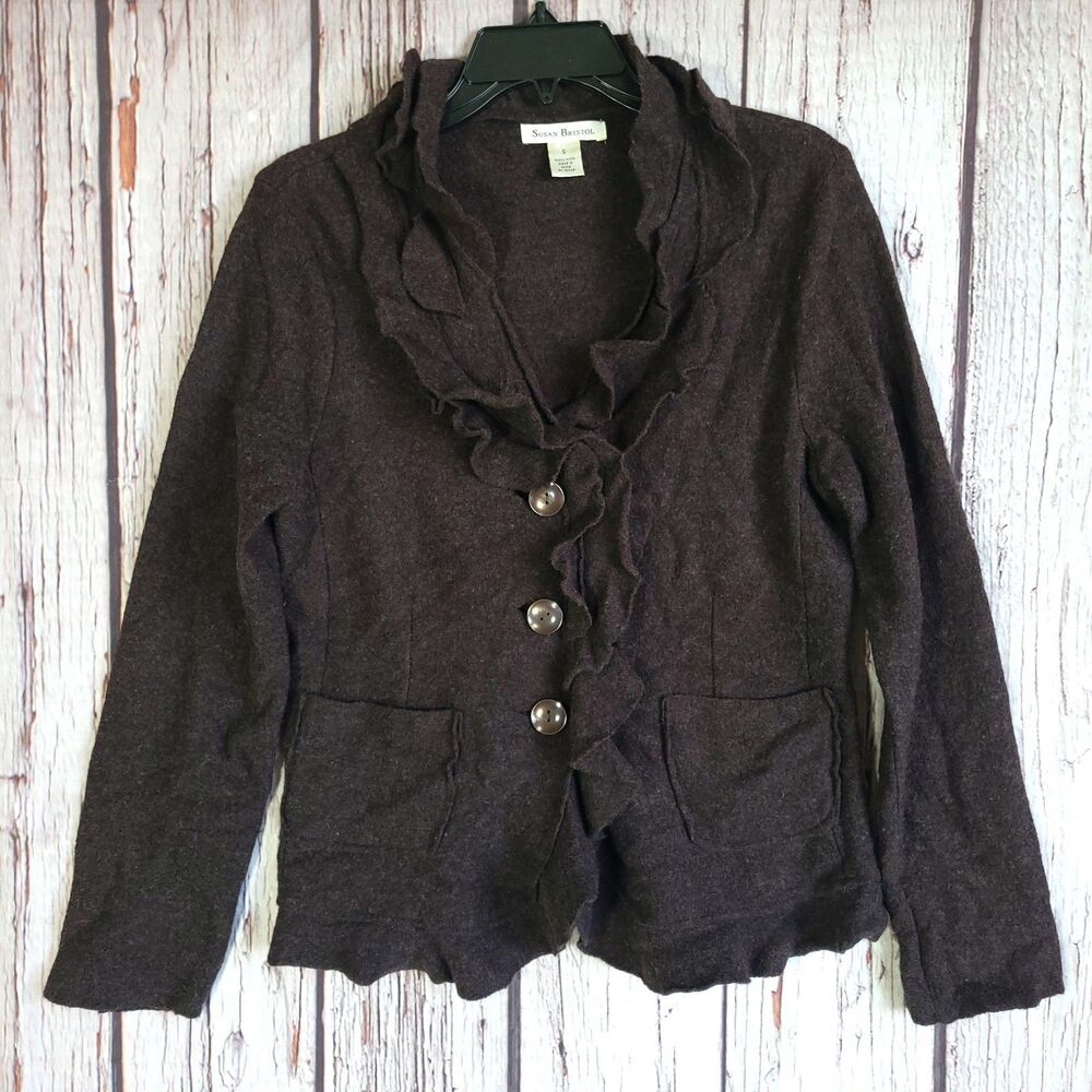 Susan Bristol Boiled Wool Ruffle Front Button Cardigan Brown Womens Size S VTG